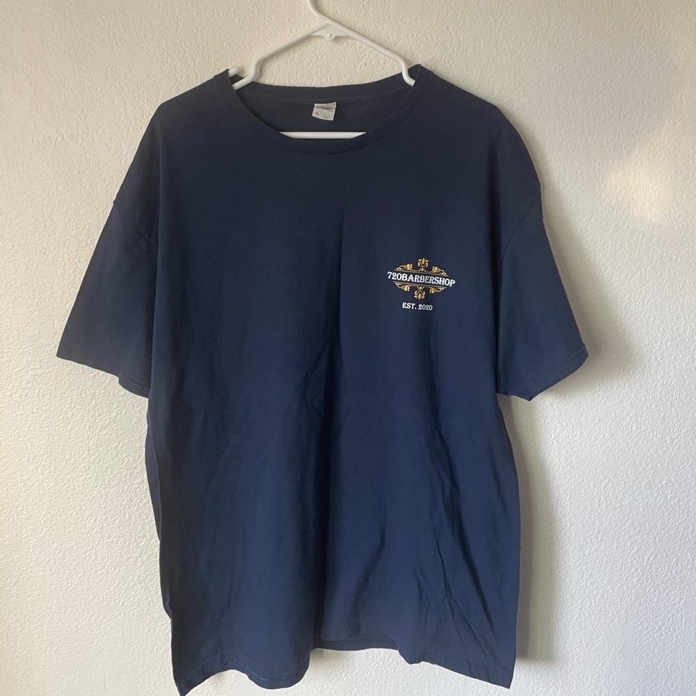 Vintage navy blue fruit of the loom T shirt with gold embroidery size XL